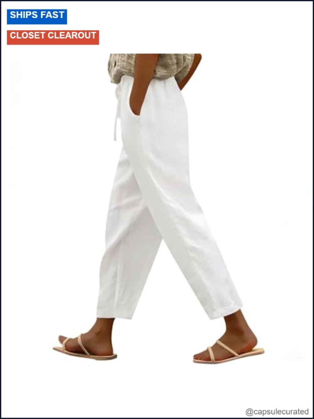 Cotton Linen Blend Elastic Drawstring Waist Casual Pants with Pockets